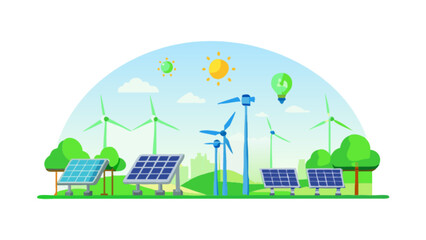 Illustration of renewable energy sources: solar panels and wind turbines for sustainable power generation