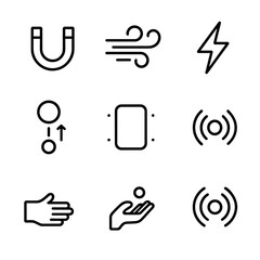 Invisible Forces Icon Set. Outline icon set of invisible force: magnetic field, wind gust, electric spark, gravitational pull,
