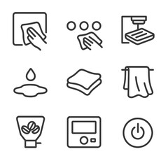 Daily Wipe-Down Icons. Outline icon set of daily wipe-down routine: exterior panel, control buttons, drip tray removal, water