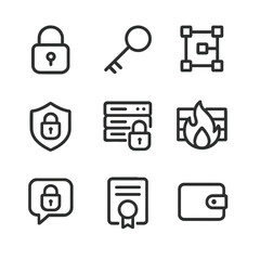 Data Encryption Icons. Outline icon set of data encryption tools: padlock, key, encryption algorithm, VPN shield, secure server,