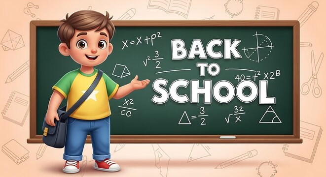 Enthusiastic young boy with backpack stands proudly beside a blackboard announcing back to school with math equations