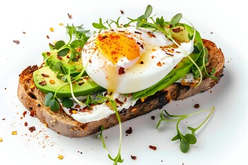 An avocado toast with avocade slices and a poached egg on sourdough bread on a white background
