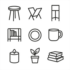 Decor Icons Grid. Outline icon set of side tables and decor accents: side table, magazine rack, plant stand, small bookshelf,