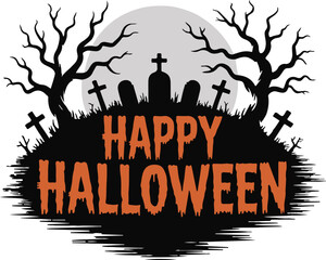 Happy Halloween text silhouette background vector art and illustration.