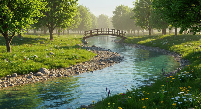 Serene landscape with a winding river, bridge, and lush greenery under a sunny sky with a shallow depth of field.
