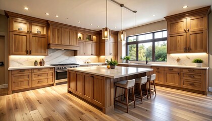 Warm wood kitchen with island, pendant lights, marble backsplash, and view to trees