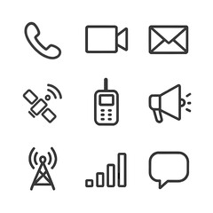 Communication Icons Grid. Outline icon set of communication links: telephone, video call, email, satellite communication,