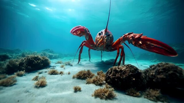 Aerial view of a large red lobster in the ocean floor, with its mouth open and claws extended. The lobster is surrounded by a clear blue underwater environment.