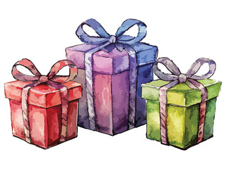 Watercolor illustration of colorful gift boxes with bows for Christmas, birthdays, and Valentine's day-01.eps