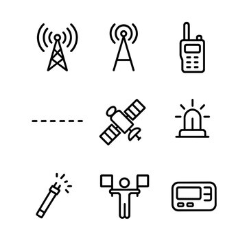 Communication Signal Icons. Outline icon set of communication signals: signal tower, radio antenna, walkie-talkie, Morse code,