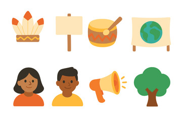 Diverse Icons for Education. Flat vector mini-illustrations indigenous land rights march in colors children's illustrations: