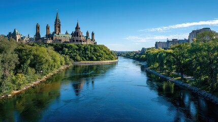Naklejka premium Grand architectural complex with a clock tower overlooking a serene river under a clear, blue sky