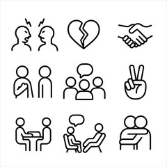 Conflict Resolution Icons. Outline icon set of conflict and resolution in relations: argument, broken heart, handshake, apology,
