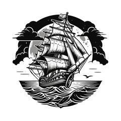 Vintage pirate sailing ship on the ocean at night. Nautical vector logo illustration. © Printora Lab