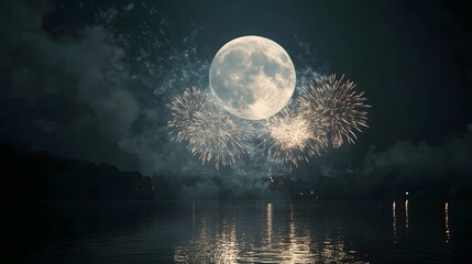 Photograph of a luminous full moon silhouetted against fireworks over a calm, reflective water surface.