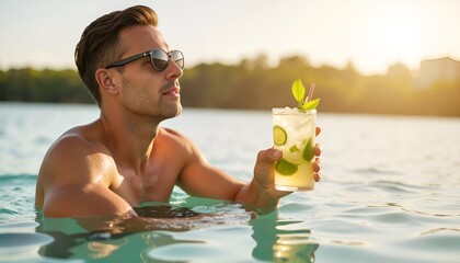 Young man relaxing in pool while holding cocktail during sunset  