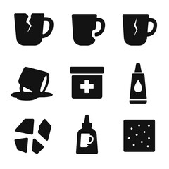 Cracked Mug Icon Set. Solid, filled icon set of cracked ceramic mugs: broken mug, chipped handle, hairline crack, spilled liquid,