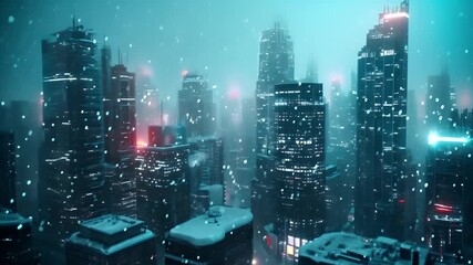 A cyberpunk cityscape at night, rendered in a digital art style with a blend of realism and fantasy. The main subject is a towering skyscraper with a futuristic design, illuminated by neon lights.