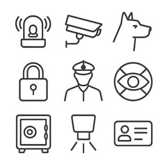 Crime Prevention Icons. Outline icon set of crime prevention: alarm system, security camera, guard dog, lock, patrol, neighborhood
