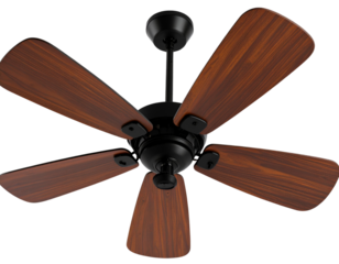 Flat Vector Illustration of Ceiling Fan with Four Black Blades and Mounting Rod, Transparent PNG