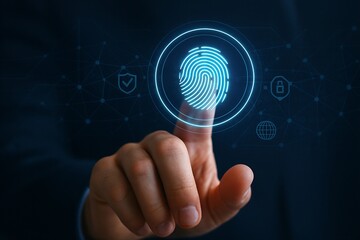 Fingerprint scan on virtual screen, security and identification technology concept, digital access control, biometric authentication, cyber data protection
