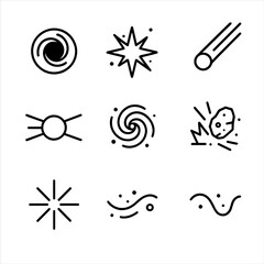 Cosmic Icon Set. Outline icon set of cosmic raw power: black hole, supernova, comet tail, meteor strike, pulsar beam, galaxy swirl