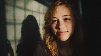 Teen smiling confidently at camera, but their shadow shows a sorrowful face, dramatic contrast lighting, cinematic, emotional depth 