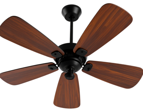  Flat Vector Illustration of Ceiling Fan with Four Black Blades and Mounting Rod, Transparent PNG
