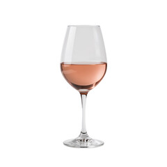 Elegant glass filled with delicate blush wine on a modern transparent presentation, isolated display