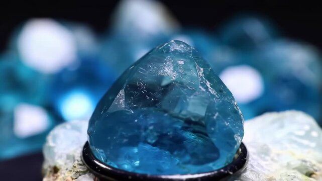 Close-up of raw, uncut aquamarine mineral sample with soft focus