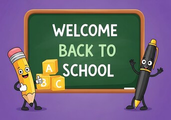 Enthusiastic pencil and pen characters welcome students back to school with a cheerful message on a green chalkboard