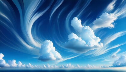 abstract digital art depicting swirling blue skies and fluffy white clouds showcasing a dynamic and vibrant design perfect for creative and imaginative projects