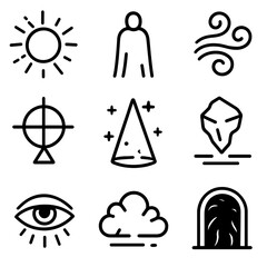 Outline of Mysterious Icons. Outline icon set of mysterious phenomena: glowing orb, shadow figure, swirling mist, ancient symbol,
