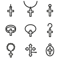 Cross Jewelry Icons. Outline icon set of cross jewelry: pendant cross, necklace cross, charm cross, ring cross, bracelet cross,