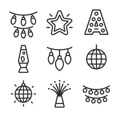 Decorative Lights Icons. Outline icon set of decorative lights: fairy lights, neon sign, marquee letter, lava lamp, string light,