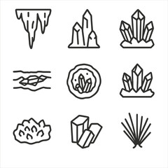 Fototapeta premium Crystal Formation Icons. Outline icon set of crystal formations: stalactite, stalagmite, cluster, vein, geode, crystal bed, druse,
