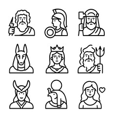 Mythical Deities Icons. Outline icon set of mythological gods and goddesses: Zeus, Athena, Thor, Anubis, Hera, Poseidon, Loki, Ra,