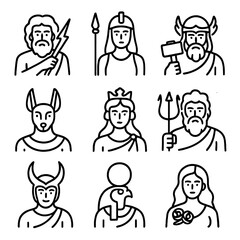 Mythical Deities Icons. Outline icon set of mythological gods and goddesses: Zeus, Athena, Thor, Anubis, Hera, Poseidon, Loki, Ra,