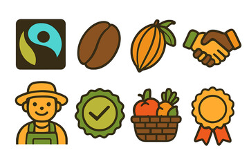 Fair Trade Icons. Flat vector mini-illustrations Fair Trade certification in colors children's illustrations: Fair Trade logo,