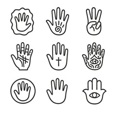 Obraz premium Cultural Handprint Icons. Outline icon set of handprint in culture and history: cave painting handprint, tribal hand symbol, peace
