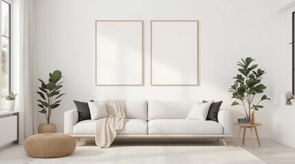 Fototapeta premium Frame mock up in Boho Chic Living Room, simple and comfortable design