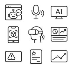 AI Interface Icon Set. Outline icon set of AI user interfaces: chatbot window, voice command, smart display, augmented reality,