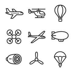 Air Transport Icons. Outline icon set of air transportation: airplane, helicopter, hot air balloon, drone, glider, blimp, jet