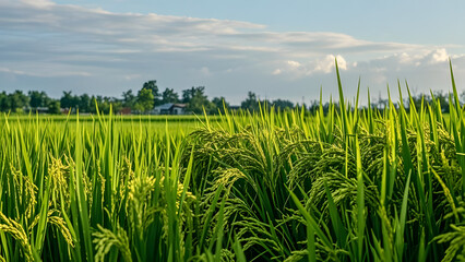 Obraz premium Green rice field under sky