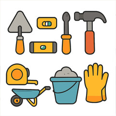 Fireplace Tools Illustrations. Flat vector mini-illustrations fireplace installation tools in colors children's illustrations: