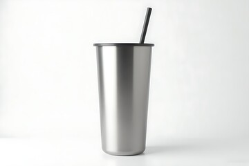 Minimalist Stainless Steel Tumbler with Straw on Neutral Background