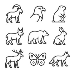 Alpine Wildlife Icons. Outline icon set of alpine wildlife: mountain goat, eagle, marmot, lynx, bear, snow hare, elk, alpine