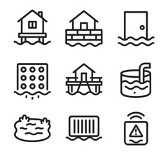 Flood Resilient Icons. Outline icon set of flood-resilient building features: raised foundation, flood barrier wall,