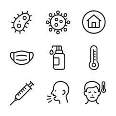 Disease Prevention Icons. Outline icon set of spreading diseases: bacteria, virus, quarantine, mask, sanitizer, thermometer,