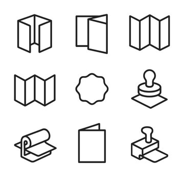 Folding Icons Set. Outline icon set of folding and finishing options: tri-fold brochure, bi-fold layout, gate fold, accordion fold